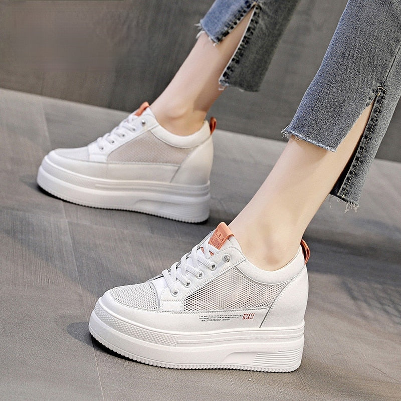 lovevop  Women Summer Shoes Chunky Sneakers Air Mesh Hollow Out Genuine Leather White Wedge Shoes Platform Heel Pumps Mujer Bombas