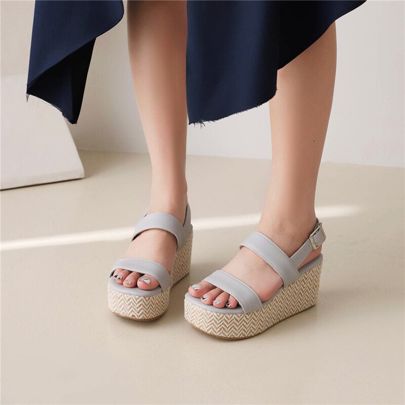 lovevop Plus Size 43 Platform Shoes Women  Summer New Fashion Concise Casual Solid Pu Leather 4Cm Wedges Buckle Strap Sandas White