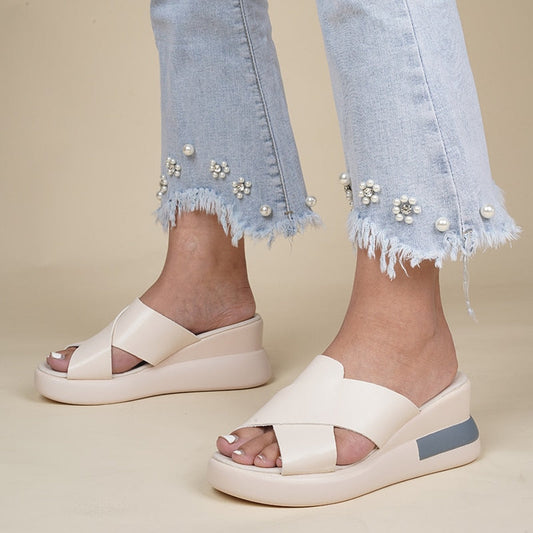 lovevop Women Slippers Summer Solid High Wedge Heel Round Toe Lady Slides Plus Size Fashion Comfortable Casual Cozy Female Shoes