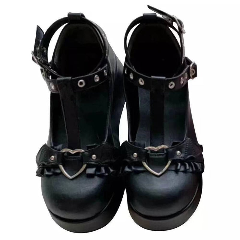 Back to college New Sweet Heart Buckle Wedges Mary Janes Women Pink T-Strap Chunky Platform Lolita Shoes Woman Punk Gothic Cosplay Shoes 43