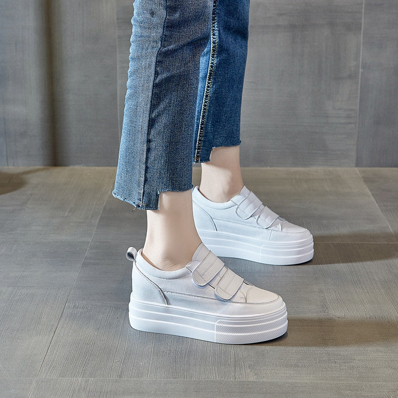 lovevop  8Cm Hook Loop Women Sneakers Platform Genuine Leather White Classical Slip On Spring Autumn Wedge Heel Shoes Vulcanzied