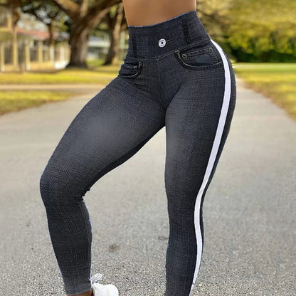 FCCEXIO Denim Print High Waist Leggings Sports Fitness Leggings Tights Running Workout Pants Push Up Sexy Jean Leggings New