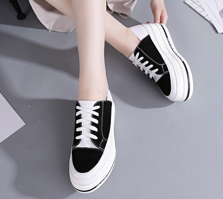 lovevop  7Cm Genuine Leather Women Casual Shoes Platform Wedge Sneakers Chunky Shoes Spring Autumn Black Red Fashion Sneakers