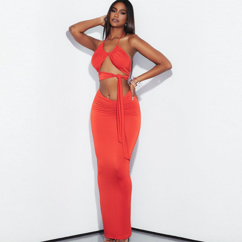 Back to college  Solid Halter Backless Draped Bandage Hollow Out Crop Top Dress 2 Piece Matching Set Summer Elegant Outfit Party Y2K