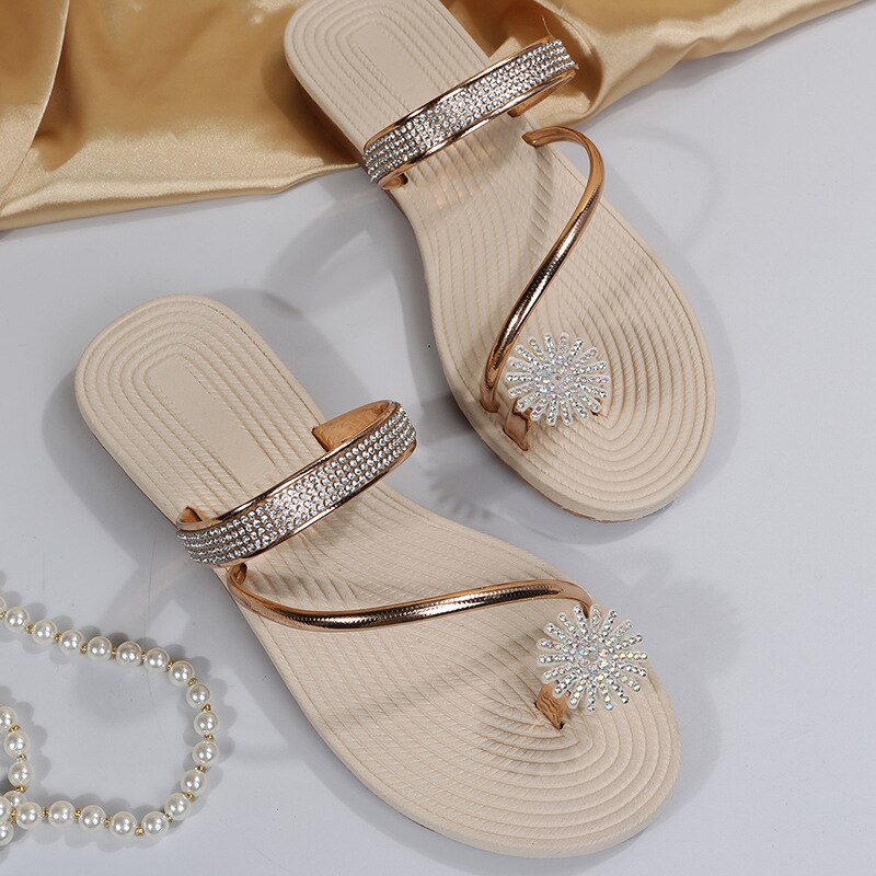 Back to school outfit lovevop  Women Beach Sandals Fashion Peep Toe Silver High Quality Anti Skid Lady Casual Golden Crystal Summer Home Flat Bottom Sandals