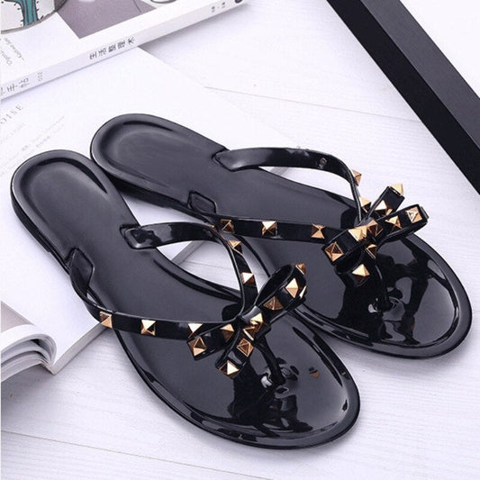 Back To School lovevop   Fashion Slipper Women's Flip Flops Summer Shoes Beach Rivet Big Bow Flat Sandals Jelly Shoes Sandals Girls Hot Sale