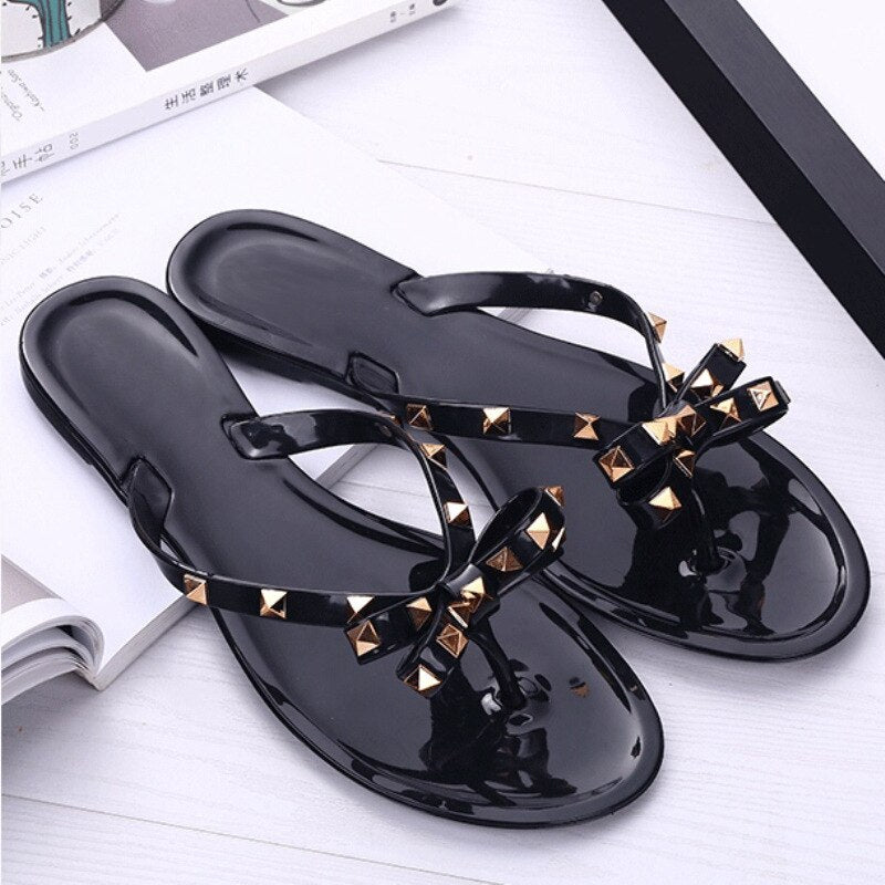 Back To School lovevop   Fashion Slipper Women's Flip Flops Summer Shoes Beach Rivet Big Bow Flat Sandals Jelly Shoes Sandals Girls Hot Sale