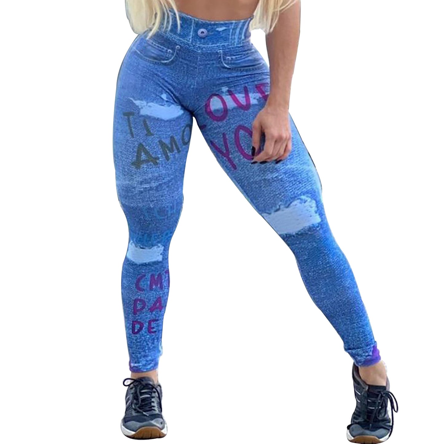 FCCEXIO High Waist Peach Buttocks Sports Fitness Leggings Tights Running Workout Denim Print Yoga Pants Push Up Gym Leggings