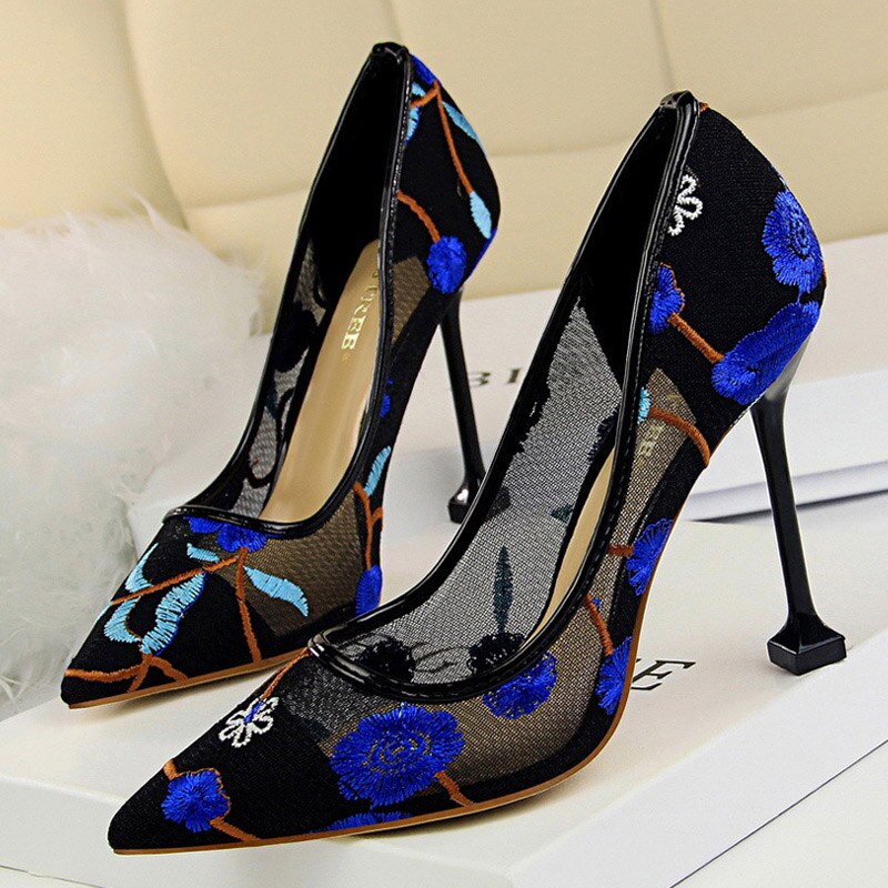 lovevop  Summer Fashion High Heels Women's Floral Embroidered Lace   Party Stiletto High Heels Mesh Women's Shoes