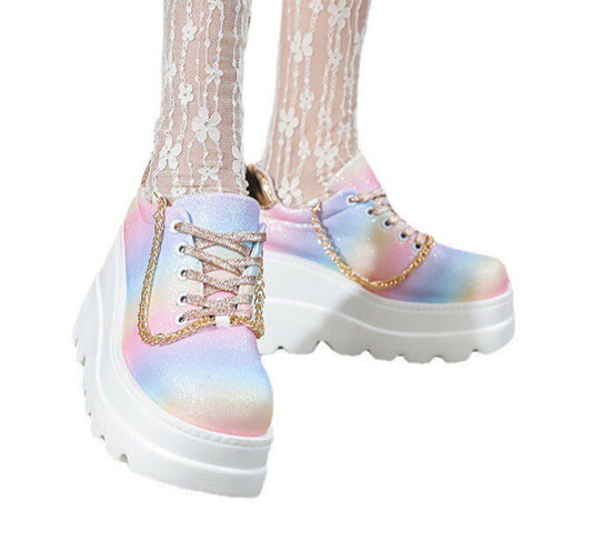 lovevop  Summer Fashion Colorful Leather Shoes Women's Golden Thin Flash Lace Wedge Heel Thick Bottom Heightening Casual Sports Shoes