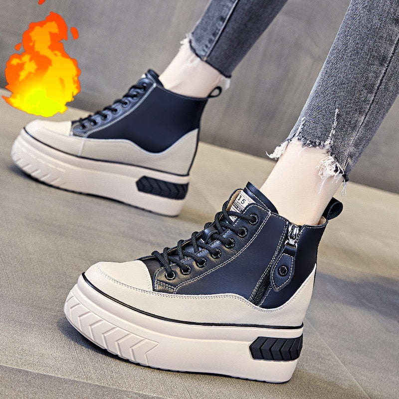 lovevop  High Top Women Shoes Genuine Pleather 8Cm Platform Wedge Hidden Heel Zipper Spring Autumn Warm Fur Winter Shooes Sneakers