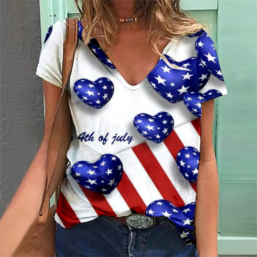 Fashion USA American Flag 3D Printed T Shirts Women Harajuku T-Shirt Woman Clothing Oversize V-Neck Streetwear Casual Y2K Tops