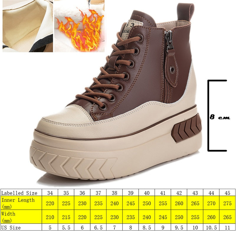 lovevop  High Top Women Shoes Genuine Pleather 8Cm Platform Wedge Hidden Heel Zipper Spring Autumn Warm Fur Winter Shooes Sneakers