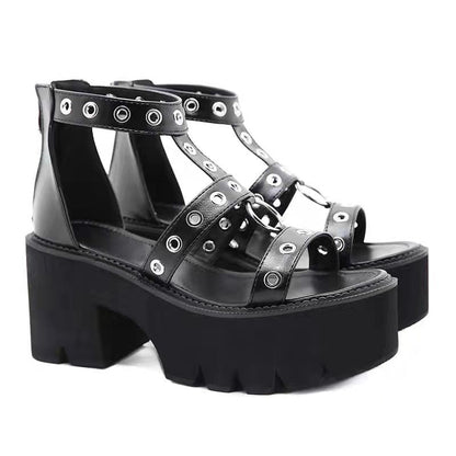 lovevop  Summer Women Platform Sandals Metal Ring Cutout High Heels Punk Goth Platform Shoes Ladies Heel Sandalias Sandales Femmes Été