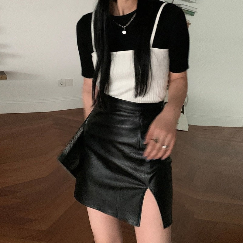 lovevop Back to college Punk Leather Skirt Women Black   Split Slim High Waisted A-Line Mini Skirts Autumn Korean Fashion Harajuku Streetwear