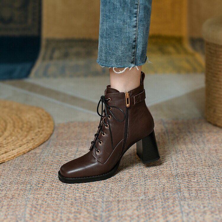lovevop  Autumn Winter Genuine Leather Women Boots Square Toe Lace-Up Women Shoes Chunky Heels Shoes For Women Side Zipper High Heel