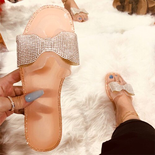 lovevop  Women Crystal Jelly Shoes Female Hot INS Slippers Ladies Bling Flats Woman Beach Shoes Women's Transparent Slides Plus Size 41