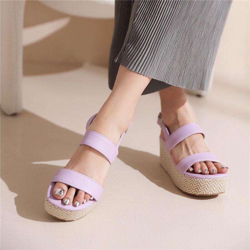 lovevop Plus Size 43 Platform Shoes Women  Summer New Fashion Concise Casual Solid Pu Leather 4Cm Wedges Buckle Strap Sandas White