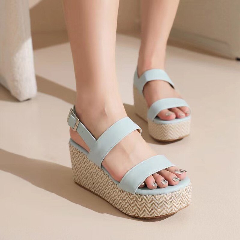 lovevop Summer New Women's Shoes Platform Fashion Simple Casual Solid Color Split Leather Wedge Sanda Buckle White