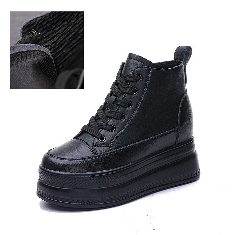 lovevop  9Cm Genuine Leather Women Casual Shoes Chunky Sneakers Za Platform Wedge Hidden Heel Height High Top Women Vulcanized Shoe