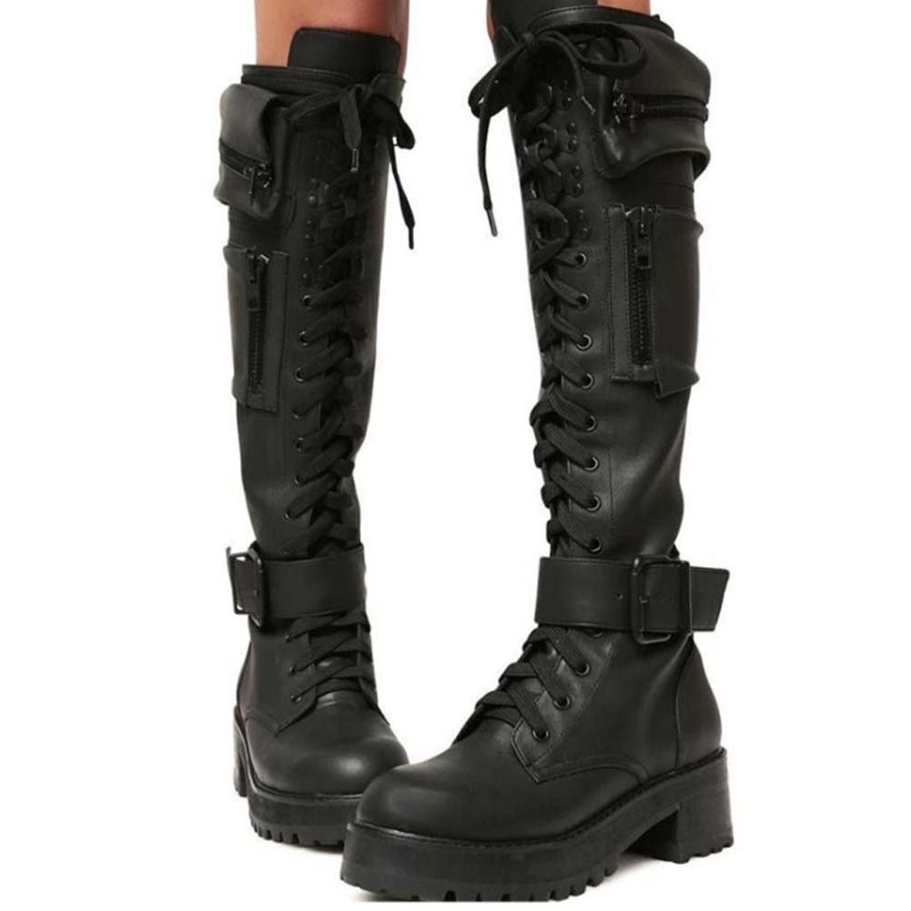 lovevop  Fashion Women's Thigh High Boots Black Punk Gothic Woman Platform Boots Wedge   Motorcycle Boot Heels Women Shoes Big Size