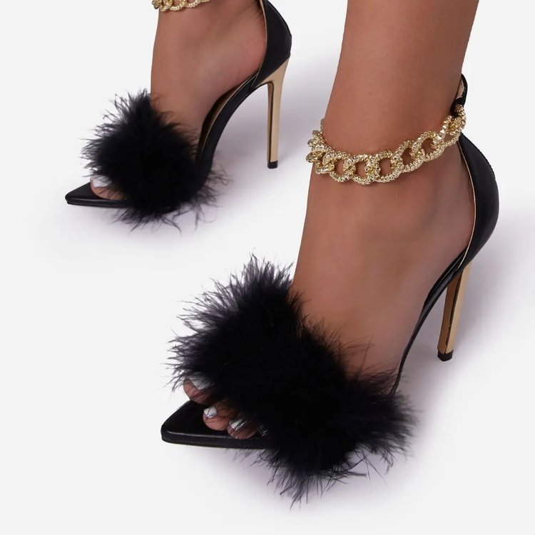 lovevop Plus Size 43   Pointed Toe Feather High Heel Sandals Decoration Metal Chain Stiletto Nightclub Women Shoes Open Toe Shoes