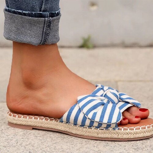 Back to school lovevop  Women's Bow Slippers  Summer Ladies Sandals Flat Woman Stripe Open Toe Slides Female Beach Shoes Women Slip On Footwear