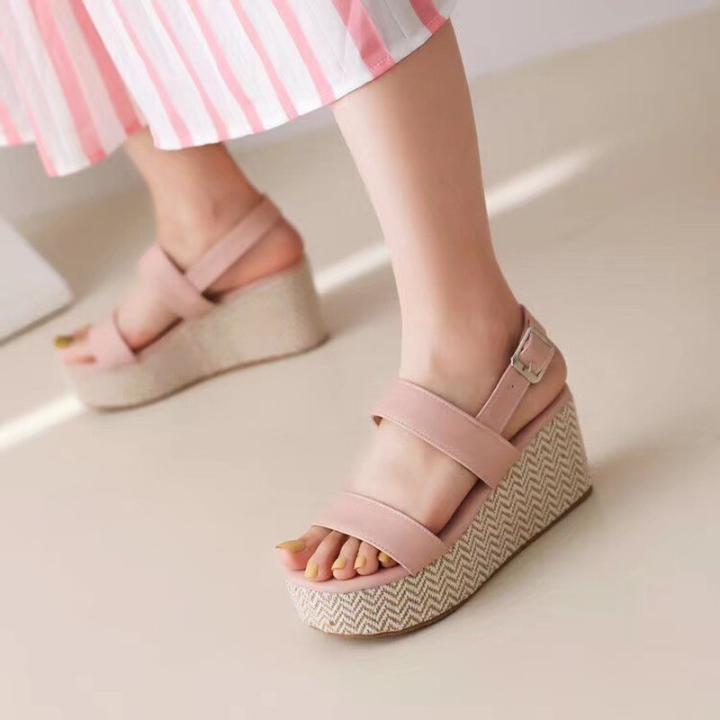 lovevop Summer New Women's Shoes Platform Fashion Simple Casual Solid Color Split Leather Wedge Sanda Buckle White