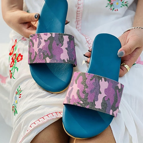 Back To School lovevop  Women Camouflage Slippers  Woman Summer Print Flat Summer Female Casual Slides Ladies Comfortable Beach Shoes Plus Size 43