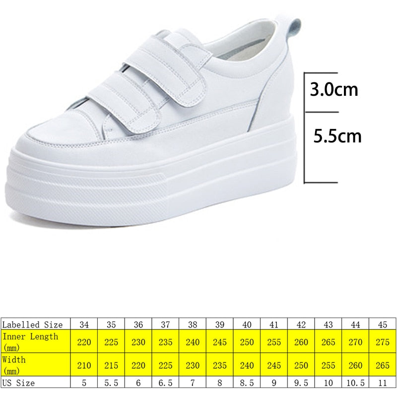 lovevop  8Cm Hook Loop Women Sneakers Platform Genuine Leather White Classical Slip On Spring Autumn Wedge Heel Shoes Vulcanzied