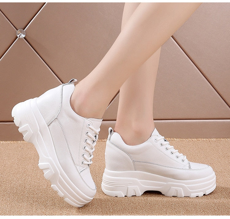 lovevop  8Cm Leather Microfiber Women Casual Shoes Platform Wedge Hidden Heel Summer Shoes Platform Chunky Sneakeers Fashion White