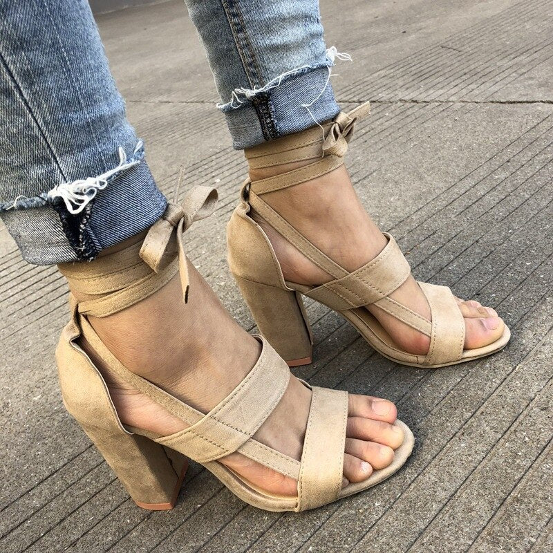 lovevop   Summer Gladiator Sandals Cross Strap High Heels Chunky Heels  Sandals Summer Casual Fashion High Heels Big Size