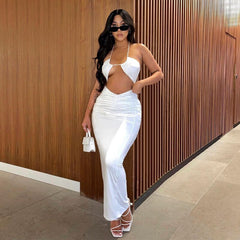 Back to college  Solid Halter Backless Draped Bandage Hollow Out Crop Top Dress 2 Piece Matching Set Summer Elegant Outfit Party Y2K