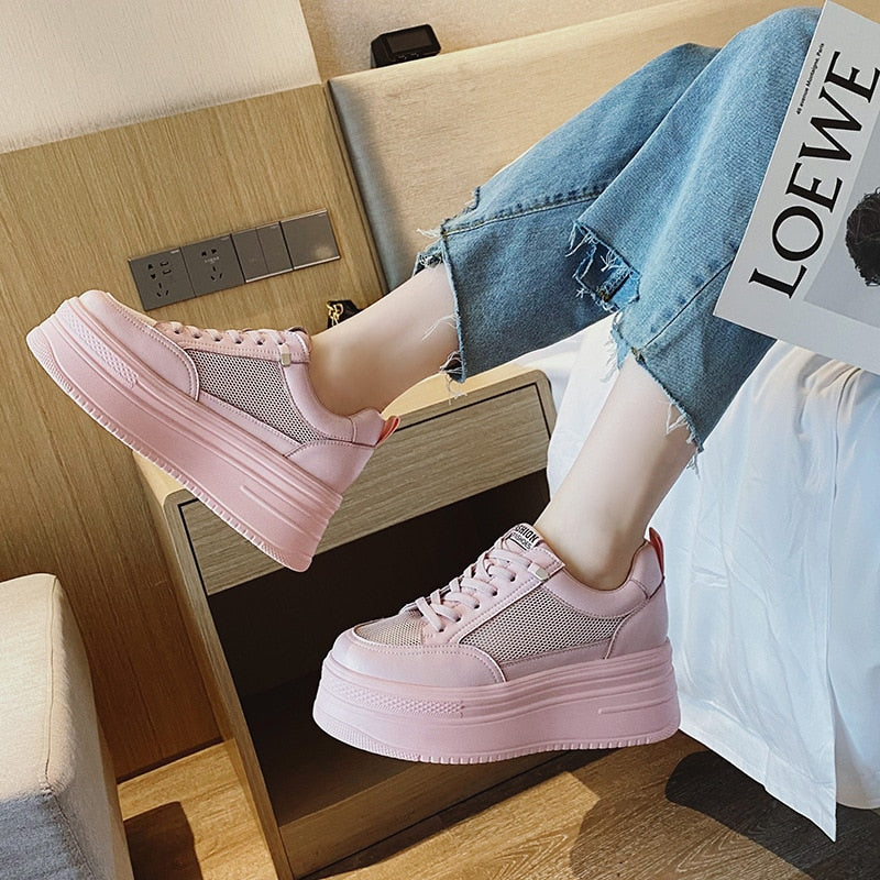 lovevop  8Cm Genuine Leather Women Casual Shoes Chunky Sneakers Platform Wedge Hidden Heel Women Leisure Shoes Spring Autumn White