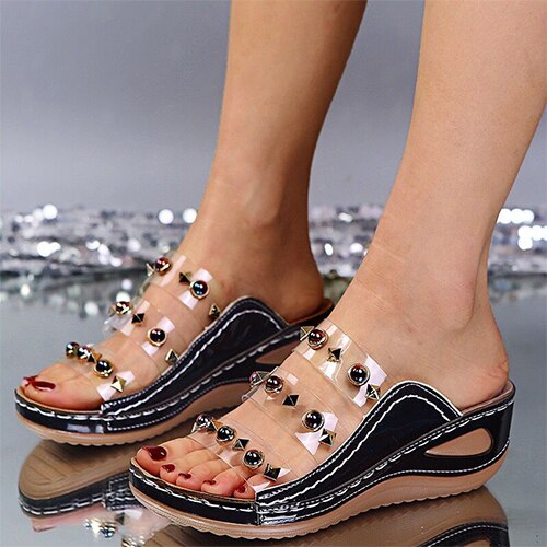 Back to school outfit lovevop   Women Rivet Transparent Bling Slippers Female Summer Wedges Platform Fashion Slides Ladies Casual Outside Shoes Plus Size