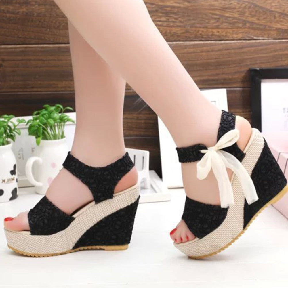 Back to school outfit lovevop  INS Hot Lace Leisure Women Wedges Heeled Women Shoes Summer Sandals Party Platform High Heels Shoes Woman