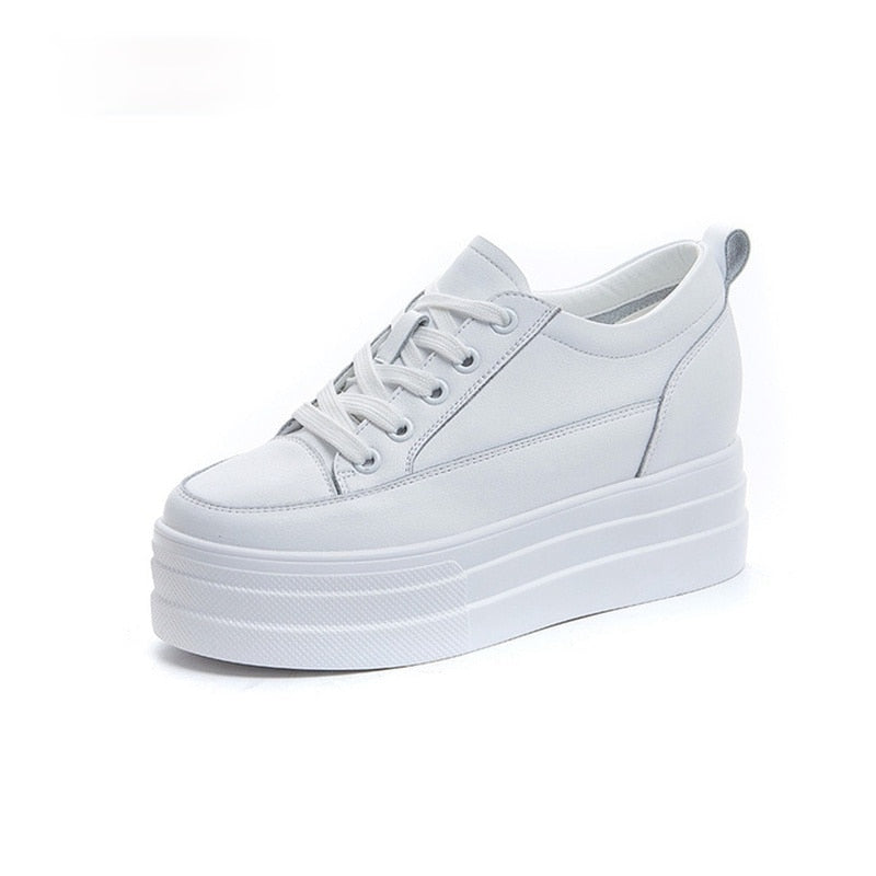 lovevop  8Cm Hook Loop Women Sneakers Platform Genuine Leather White Classical Slip On Spring Autumn Wedge Heel Shoes Vulcanzied