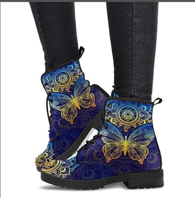 lovevop Skull Flower Print High-Top Boots Women Boot Autumn Winter Fashion Women Tooling Ankle Boots Women Boots Women Botas Mujer