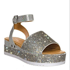 lovevop  Women Crystal Platform Sandal  Woman Bling Buckle Metal Shoes Summer Female Wedges Ladies Beach Footwear Slides Plus Size 43