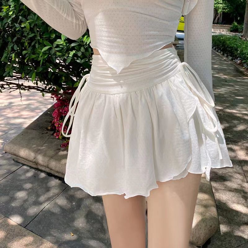 Back to college   Cute White Mini Skirt Women Drawstring Folds High Waist Irregular Ruffle Patchwork Fairycore Short Skirts Mori Girl