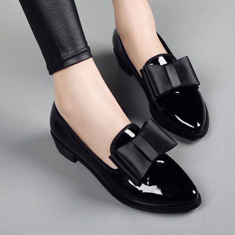 Back to school outfit lovevop  Women Bow Low Heels Women's Pointed Toe Pumps Patent Leather Platform Woman Slip On Fashion Female Footwear Ladies Shoes