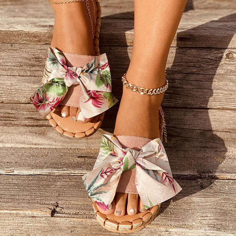Back  To School Outfit  lovevop Women  Summer Bowtie Slippers Woman Print Slides Ladies Sewing Flats Women's Footwear Female Casual Beach Shoes Plus Size