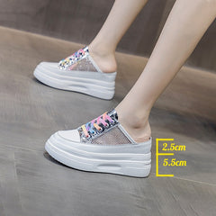 lovevop  8Cm Women Summer Shoes Slippers White Genuine Leather Air Mesh Breathable Platform Wedge Heel Mules Shoes Chunky Footwear