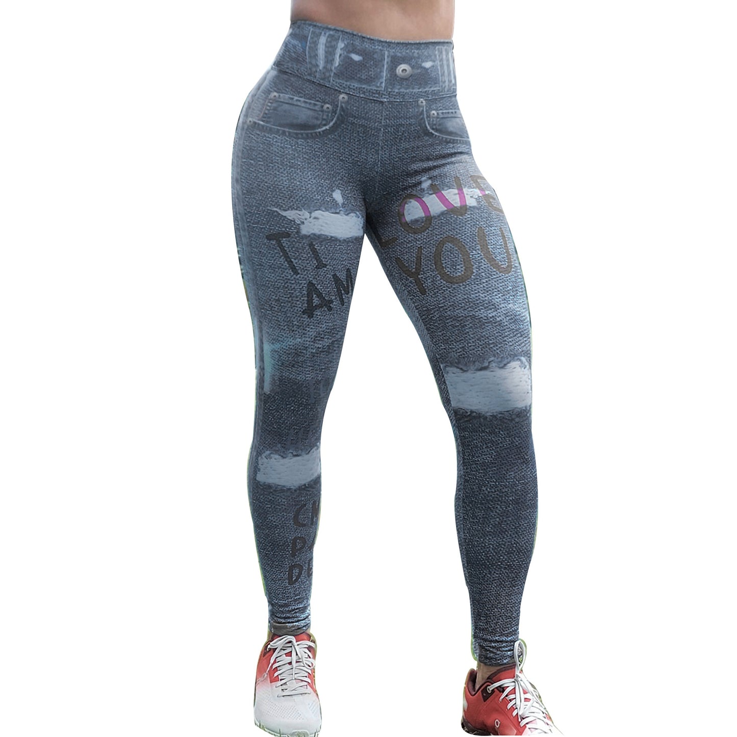 FCCEXIO High Waist Peach Buttocks Sports Fitness Leggings Tights Running Workout Denim Print Yoga Pants Push Up Gym Leggings