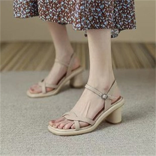 lovevop One Word Buckle High Heel Sandals Women's  Summer New Shoes Open Toe Thick Heel Simple Fashion Women's Shoes Roman Shoes
