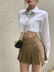 lovevop Back to college Pleated Micro Skirt Women Korean Fashion Casaul Button Pocket Patchwork High Waist A-Line   Mini Skirt Streetwear