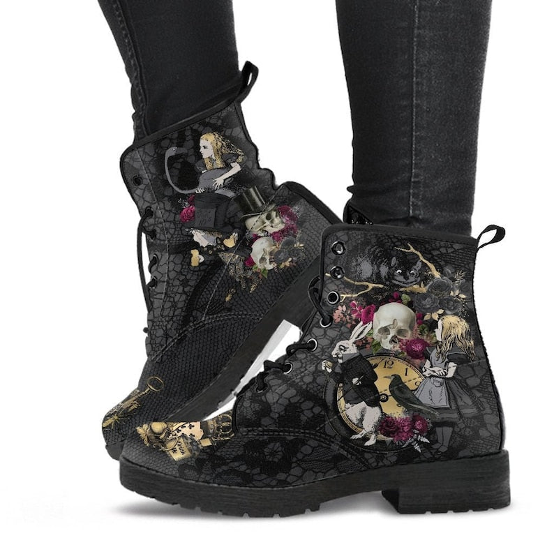 lovevop Skull Flower Print High-Top Boots Women Boot Autumn Winter Fashion Women Tooling Ankle Boots Women Boots Women Botas Mujer