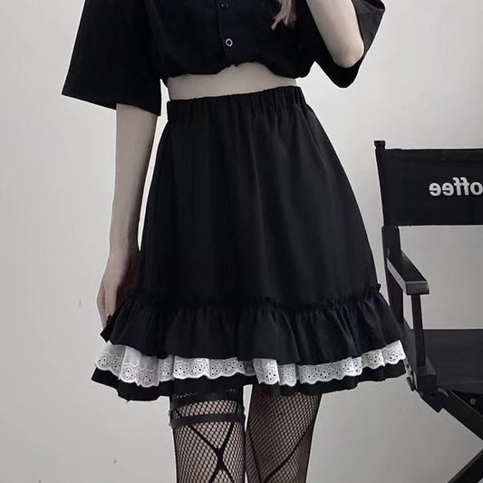 lovevop Back to college Mall Goth Gothic Lace Ruffle Mini Skirts Womens Harajuku Fairy Grunge Black Pleated Skirt Japanese Lolita Streetwear