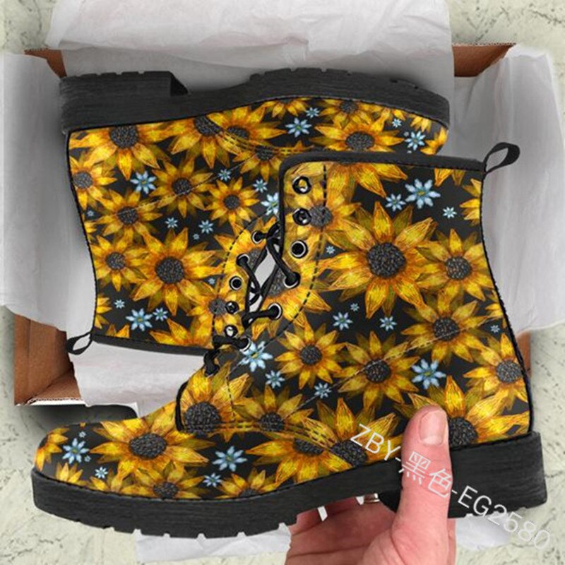 lovevop Skull Flower Print High-Top Boots Women Boot Autumn Winter Fashion Women Tooling Ankle Boots Women Boots Women Botas Mujer