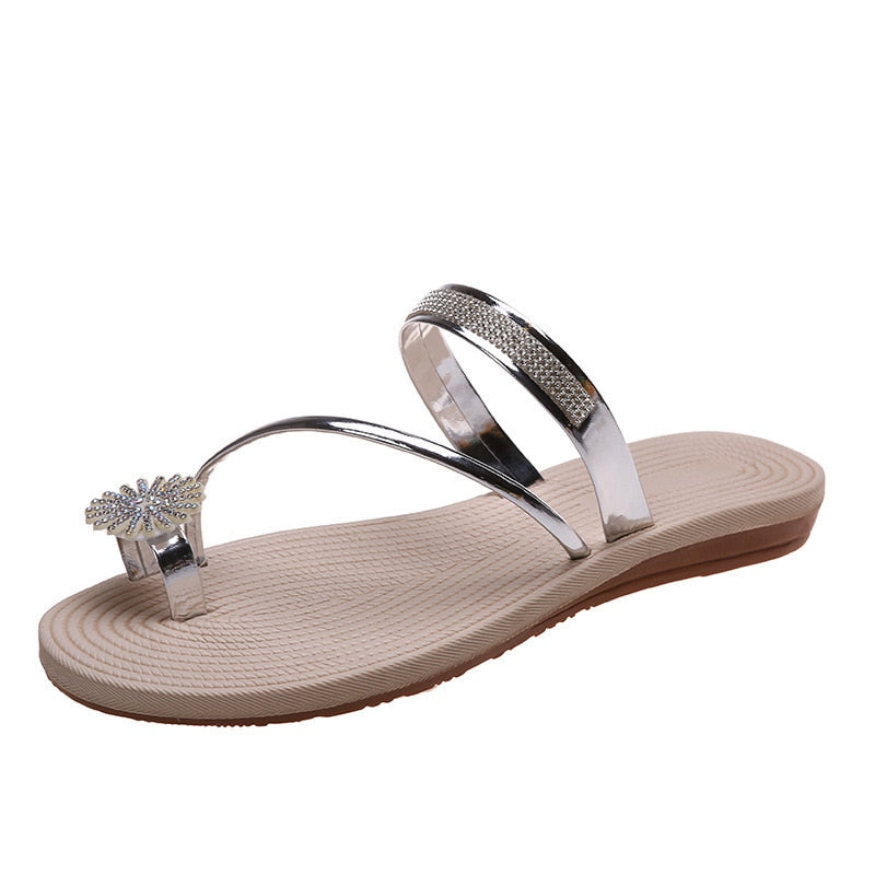 Back to school outfit lovevop  Women Beach Sandals Fashion Peep Toe Silver High Quality Anti Skid Lady Casual Golden Crystal Summer Home Flat Bottom Sandals